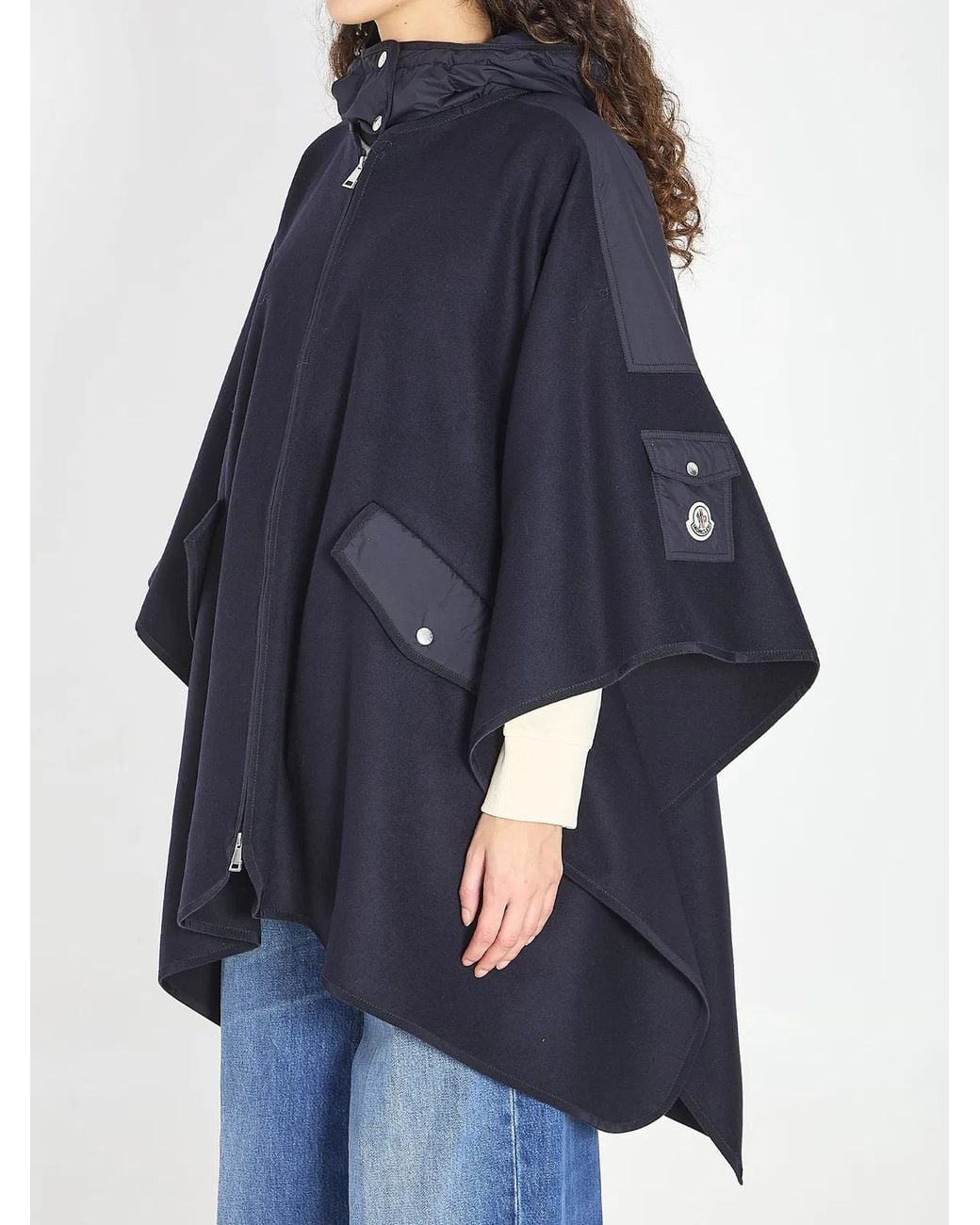 Moncler Blue Wool Hooded Zip-Up Cape