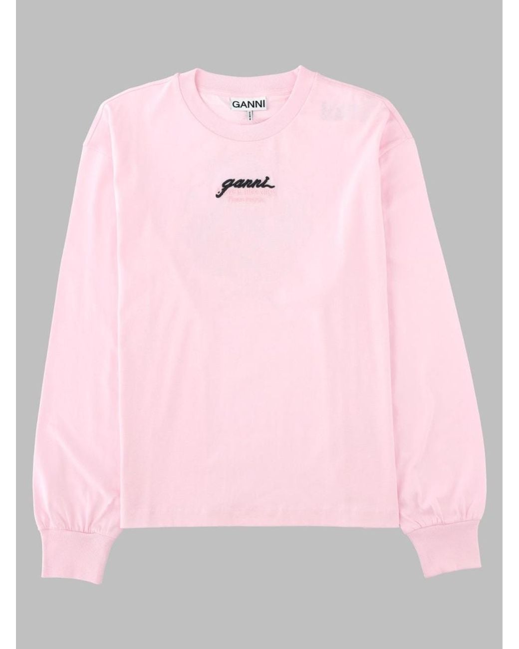 Ganni Pink T-Shirt A Manica Lunga Con Logo E Stampa