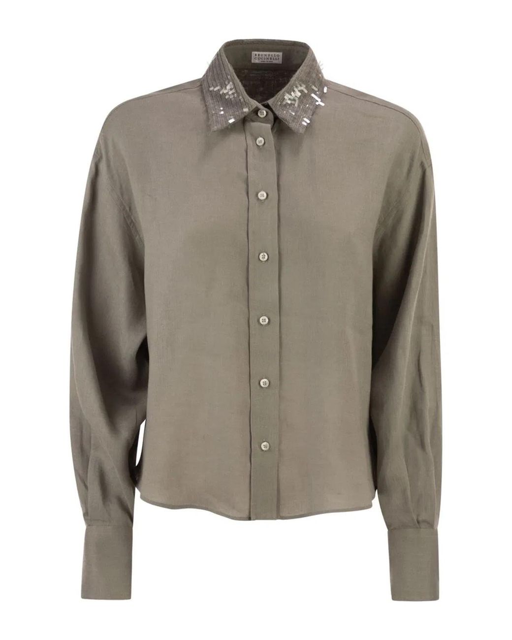 Brunello Cucinelli Green Linen Shirt With Sequin-Embroidered Collar