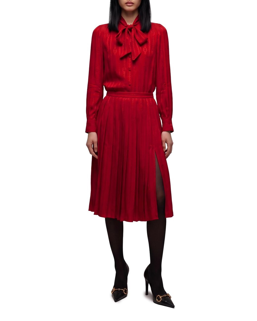 Gucci Red Interlocking G Chain Silk Jacquard Midi Skirt