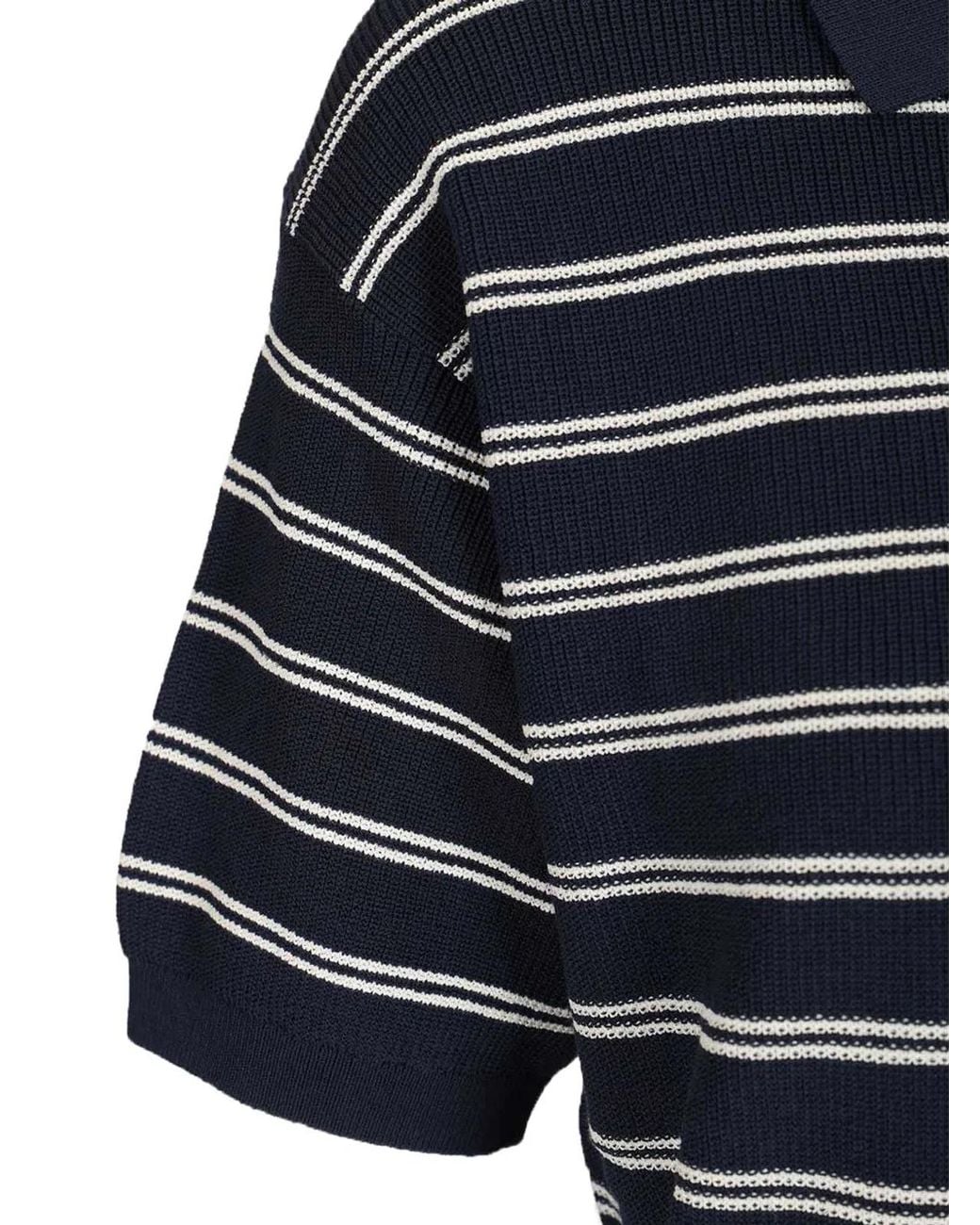 DUNST Blue Cotton Blend Striped Polo Shirt