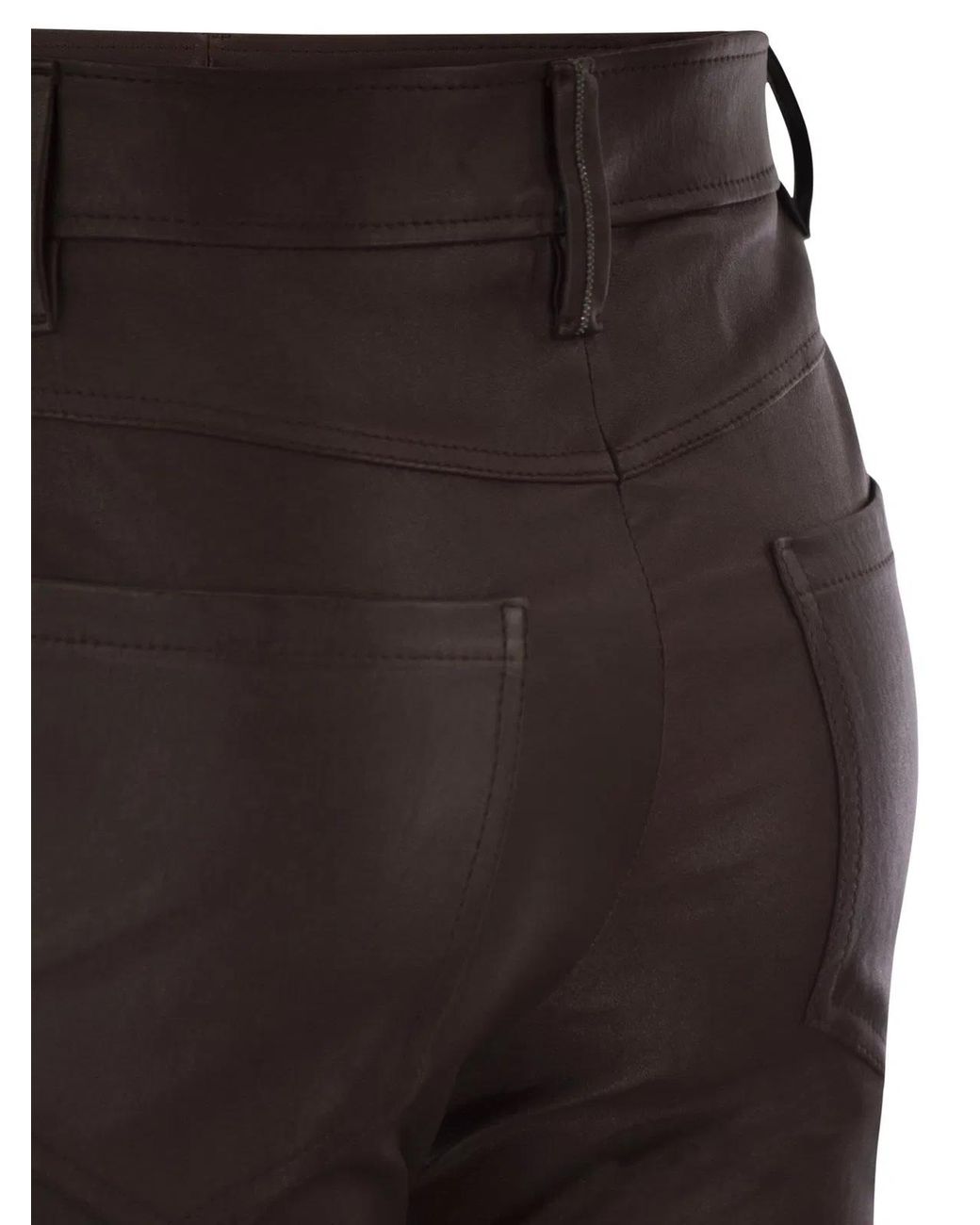 Brunello Cucinelli Brown Stretch Nappa Leather Square Cigarette Trousers With Jewellery