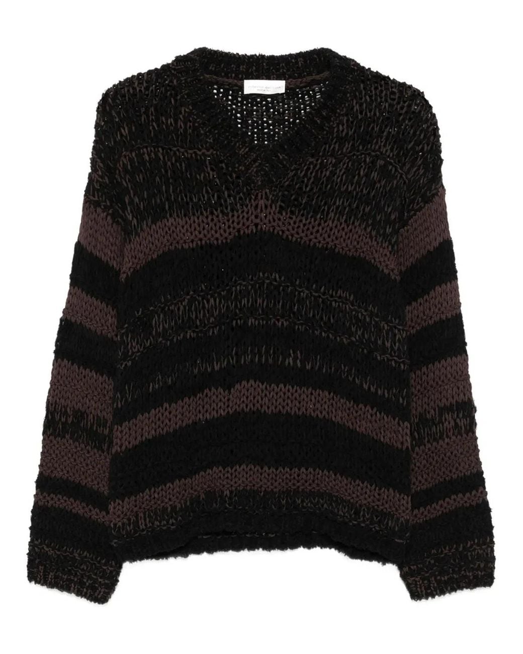 Roberto Collina Black Chunky-Knit V-Neck Striped Sweater