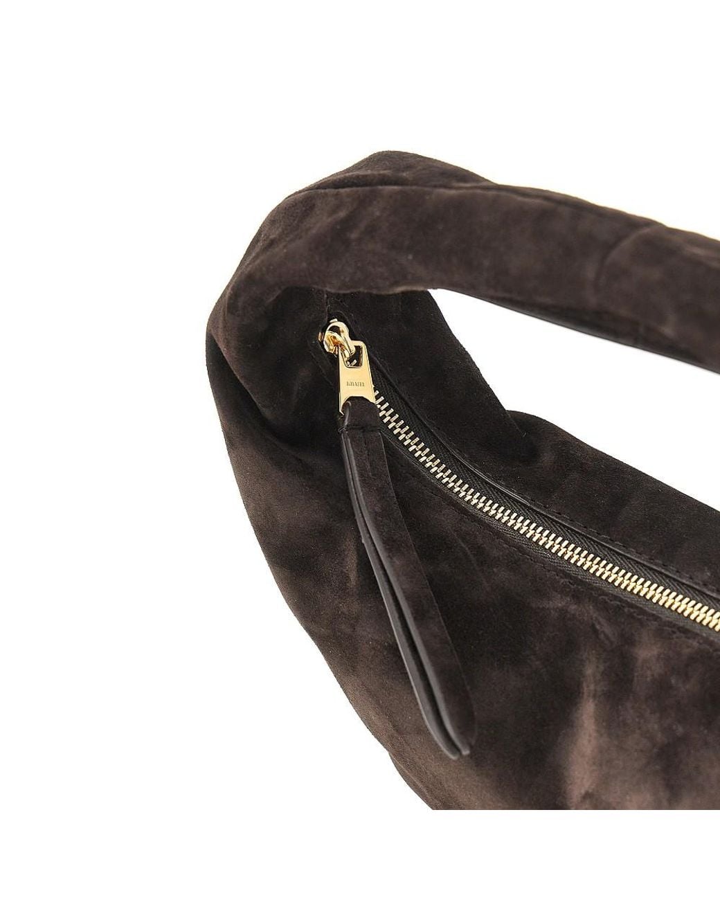 Khaite Black Mini Hobo Bag Made From Soft Suede Leather With Integrated Handle To Carry By Hand. -Tone Mini Logo Print