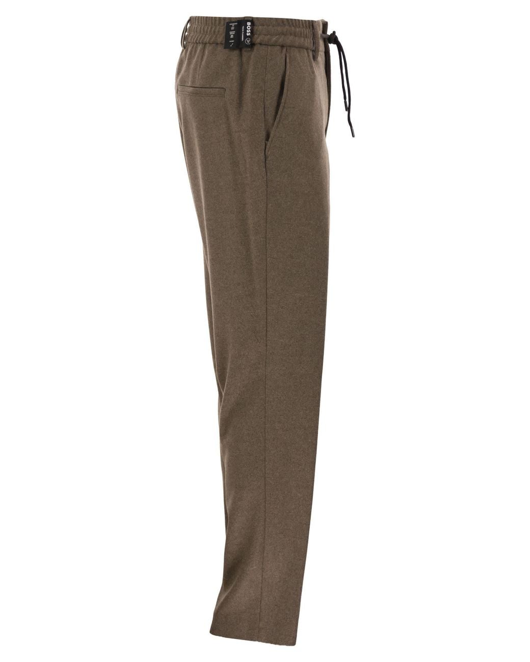 Boss Gray Virgin Wool-Blend Tapered Fit Trousers With Drawstring for men
