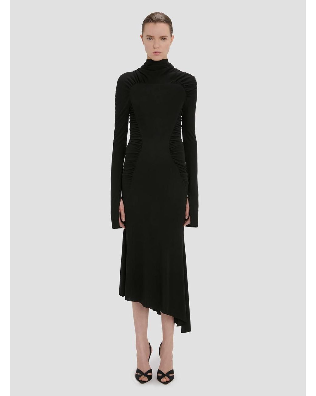 Victoria Beckham Black Crepe Jersey Gathered Midi Dress