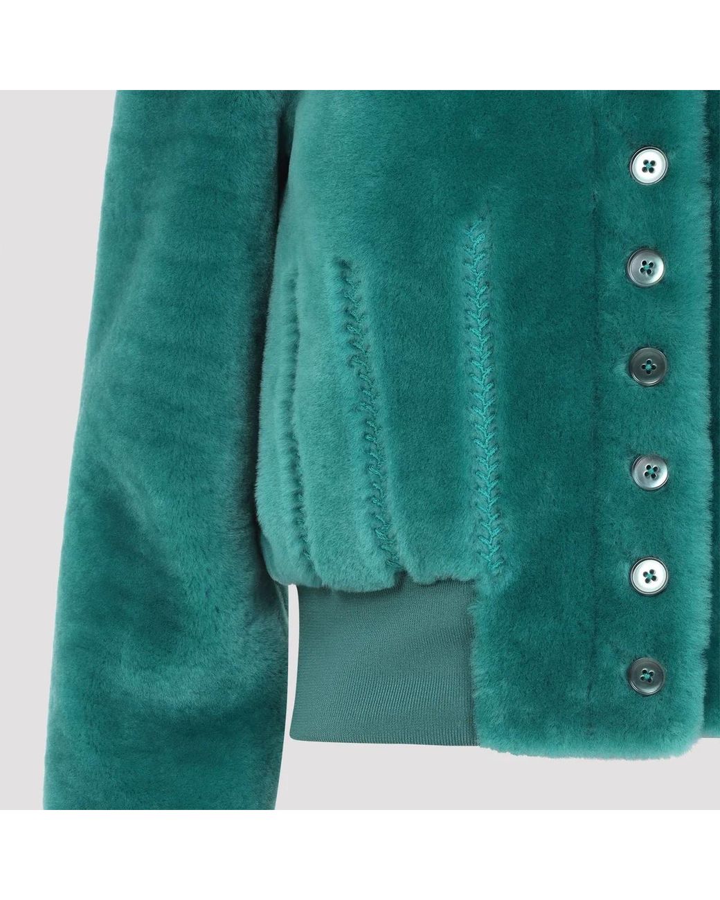 McQueen Green Lagoon Cropped Shearling Bomber Jacket