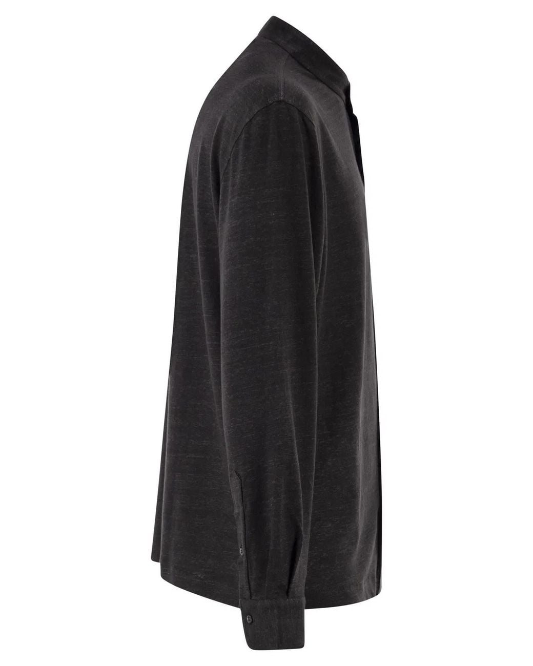 Brunello Cucinelli Black Linen And Cotton Shirt With Band Collar for men