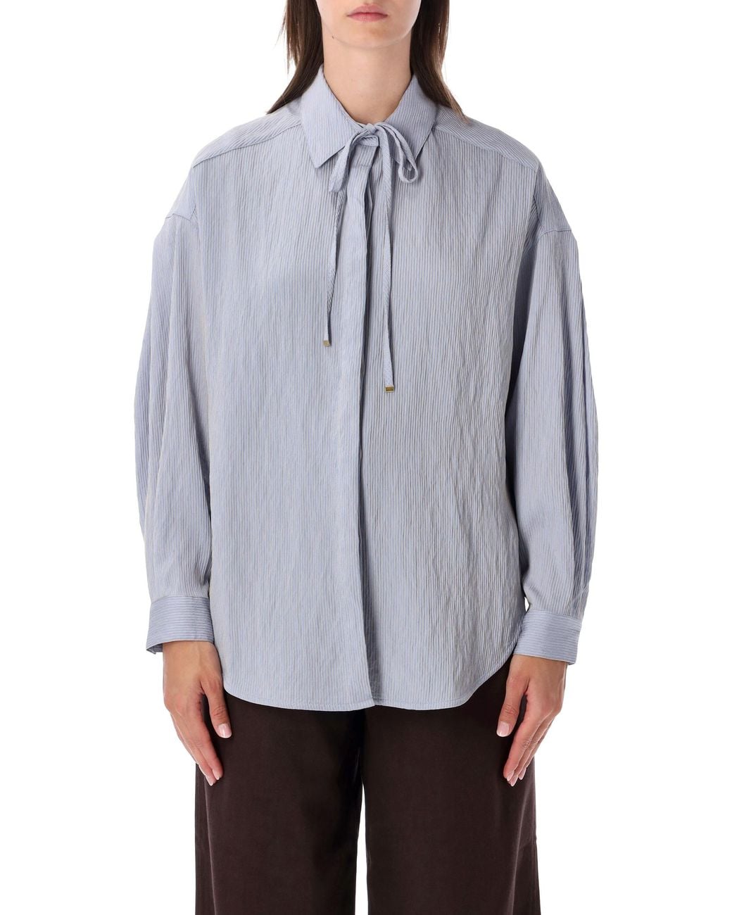 Sessun Gray Tie-Neck Oversized Striped Blouse
