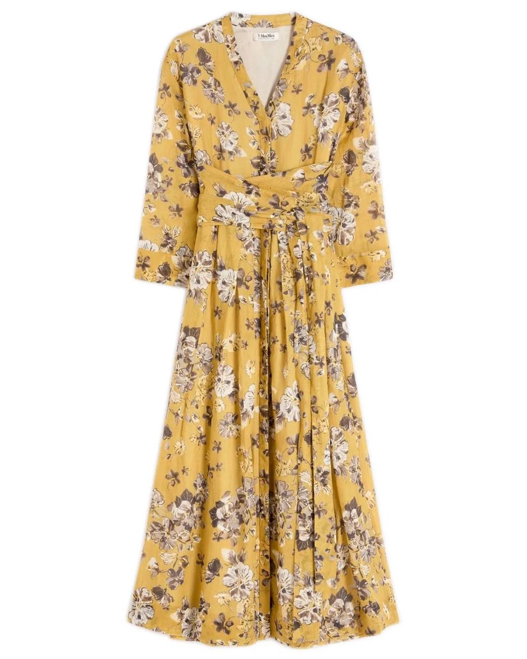 Max Mara Metallic V-Neck Floral Print Dress With Belt And Pockets