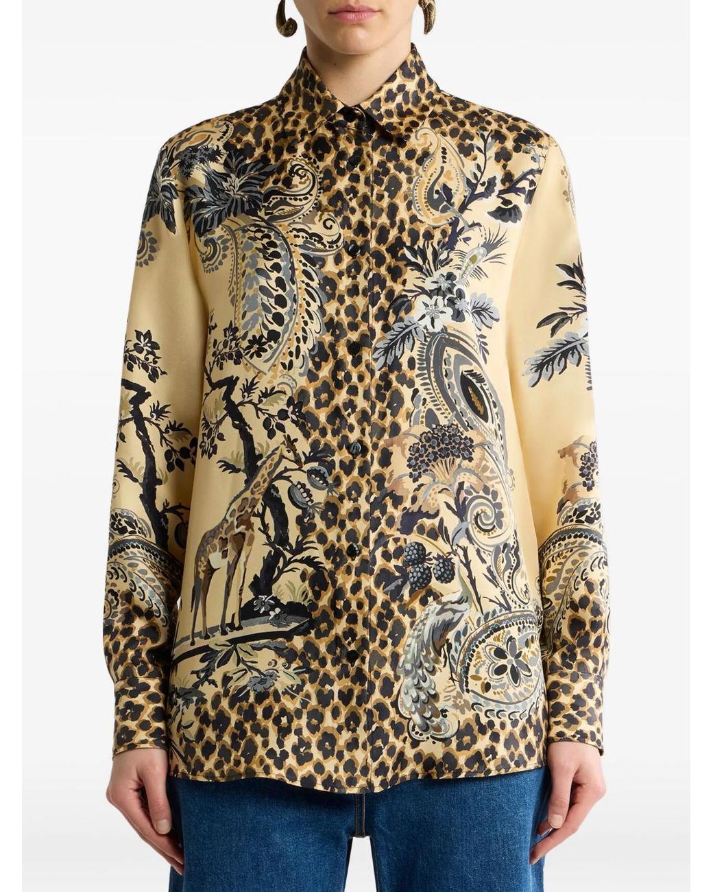Etro Natural Silk Shirt With Placed Leopard Print