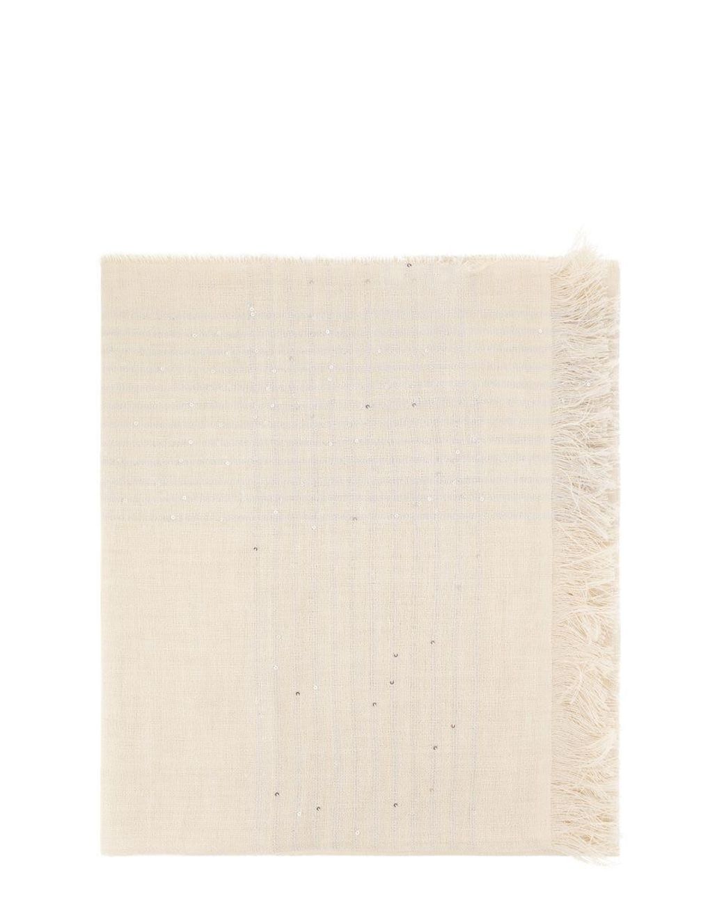 Peserico Natural Virgin Wool Scarf With Check Pattern, Sequins And Lurex Details
