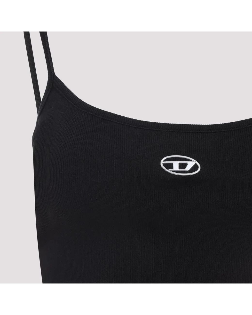 DIESEL Black Ribbed Stretch Cotton Top With Metallic Oval D Logo