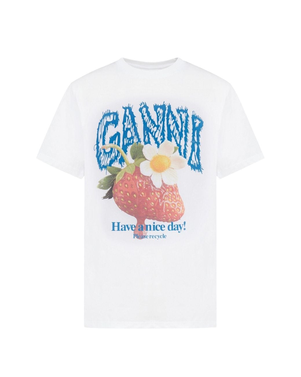 Ganni White Cotton T-Shirt With Strawberry Print