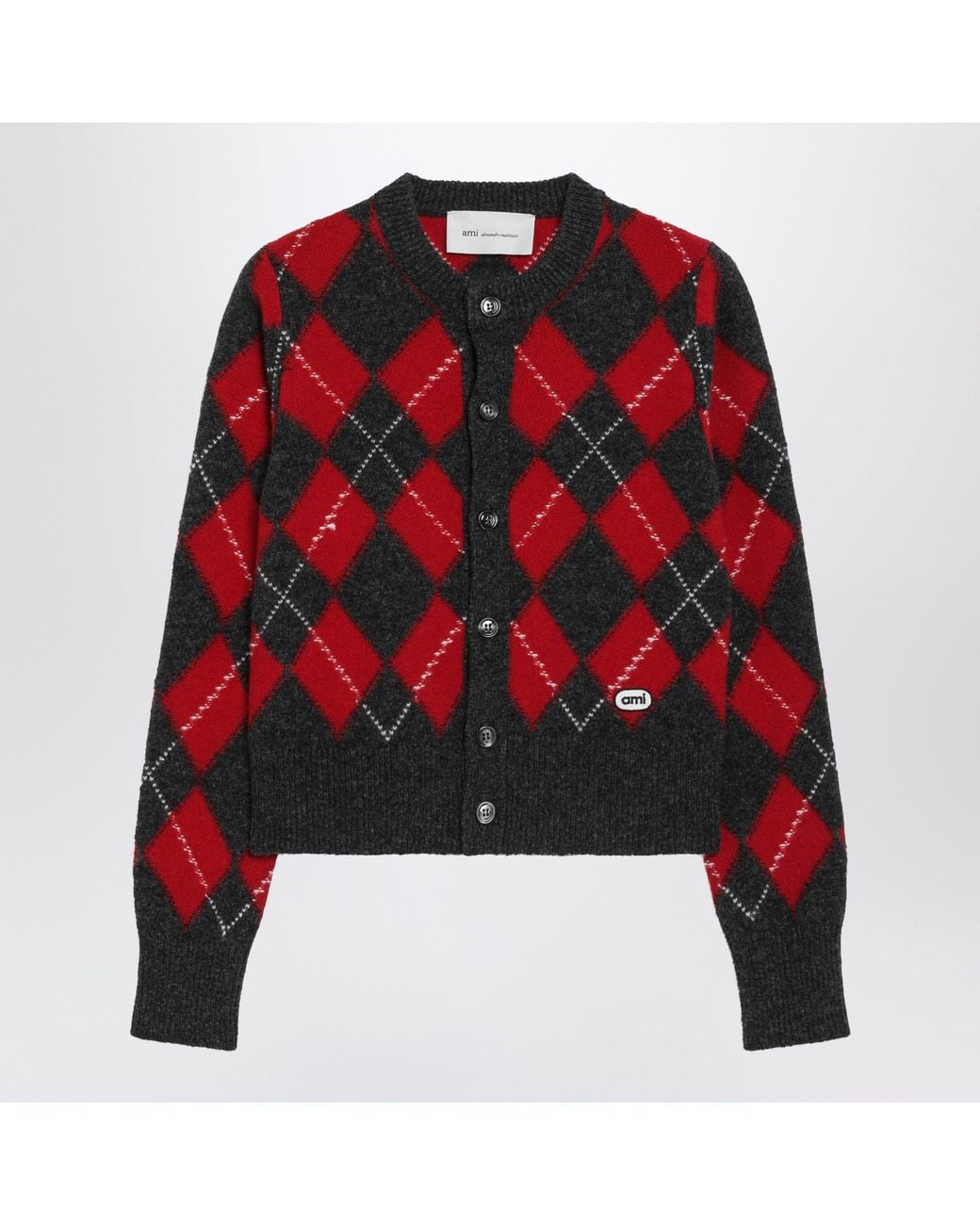 AMI Red Argyle-Pattern Cardigan