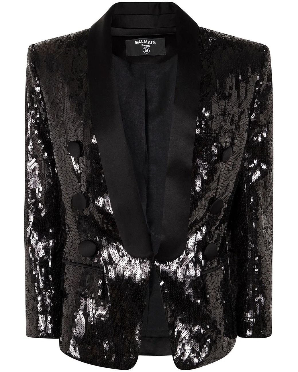 Balmain Black V-Neck Glitter Satin Tailored Jacket