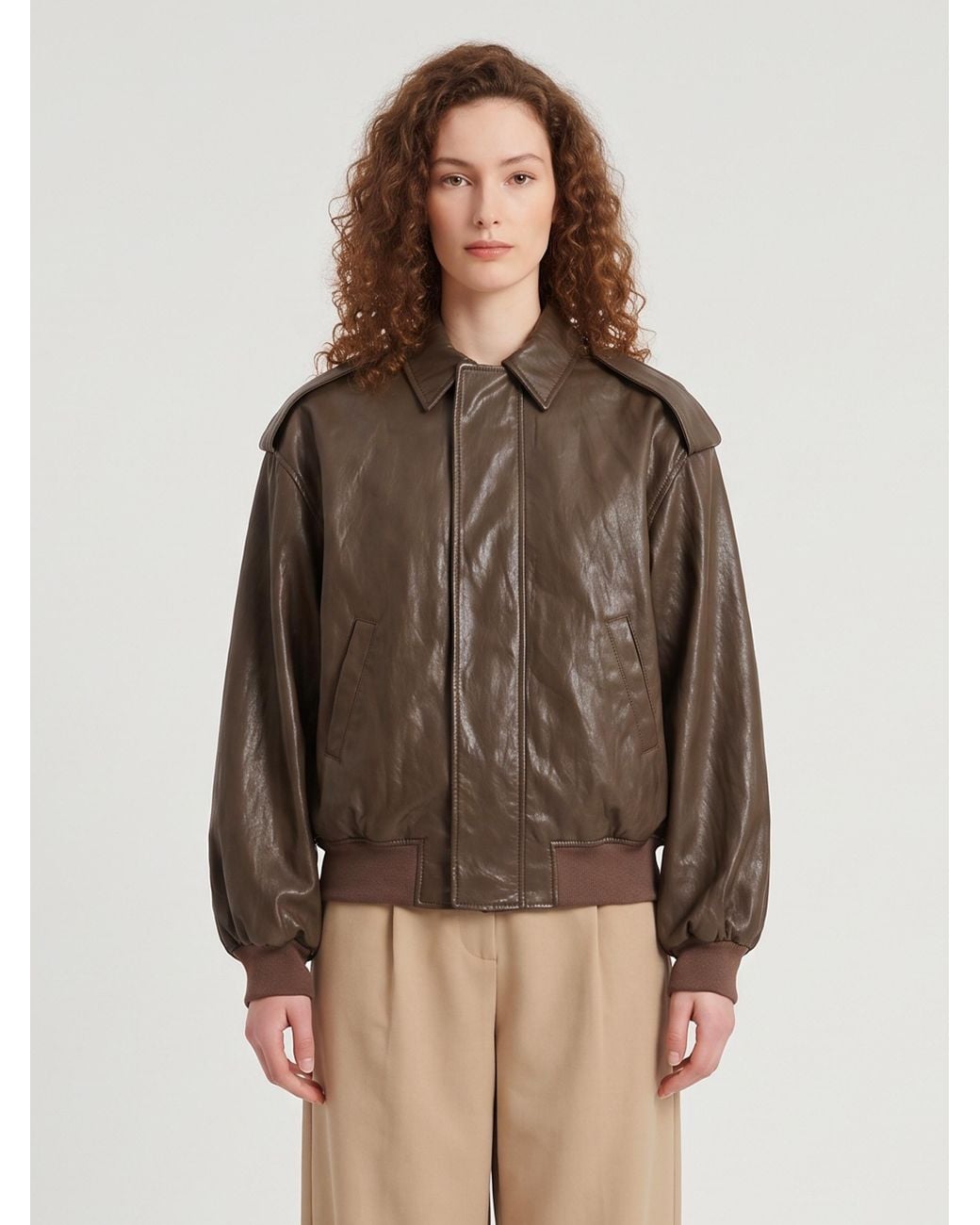 SUTTON NEW YORK Brown Laminated Faux Leather Bomber Jacket