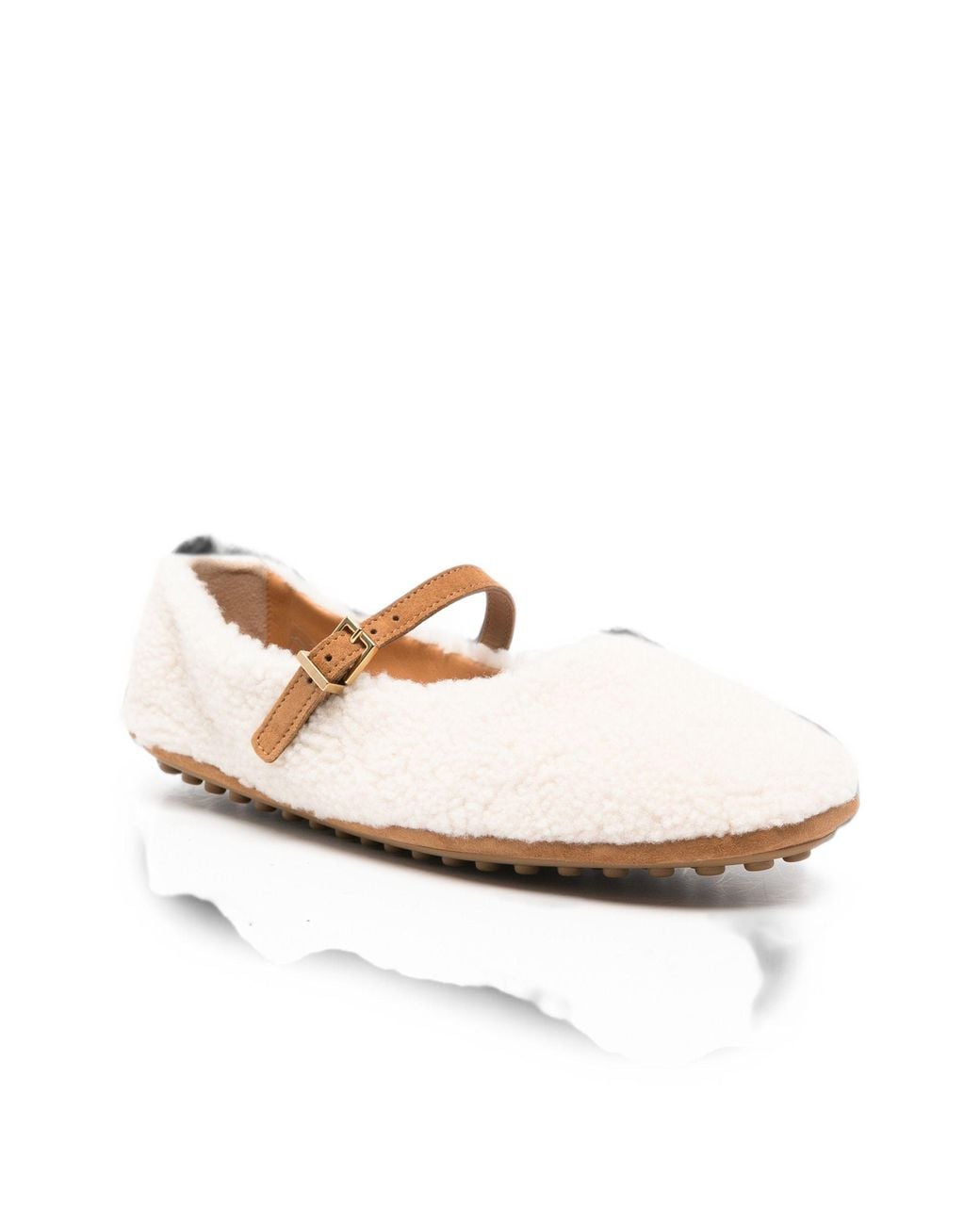Tod's White Buckle-Strap Shearling Ballet Flats