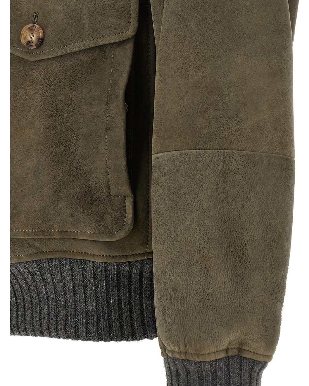 Brunello Cucinelli Green Waxed Shearling Bomber Jacket for men