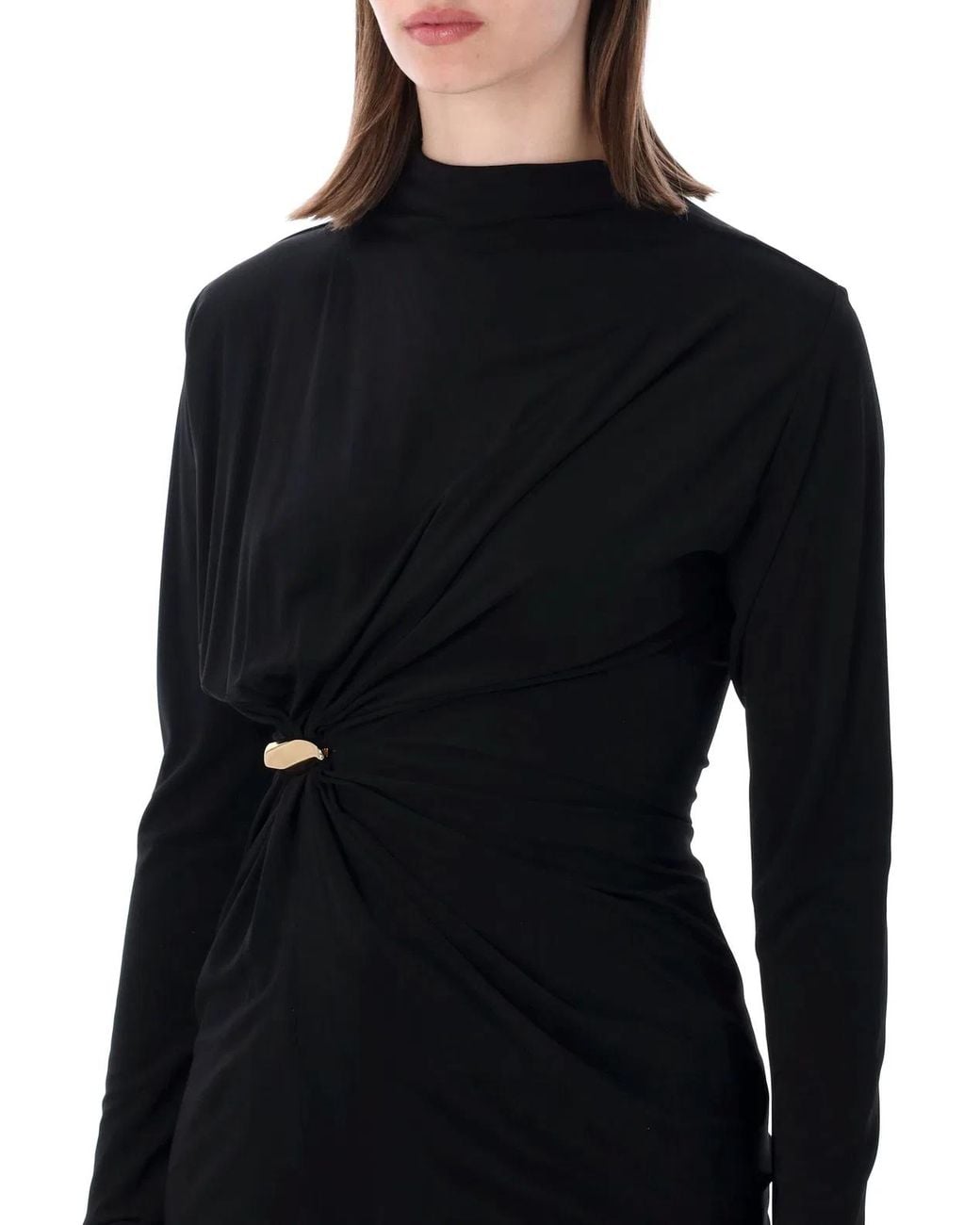 Bottega Veneta Black Long-Sleeve Draped High-Neck Top With Waist Detail