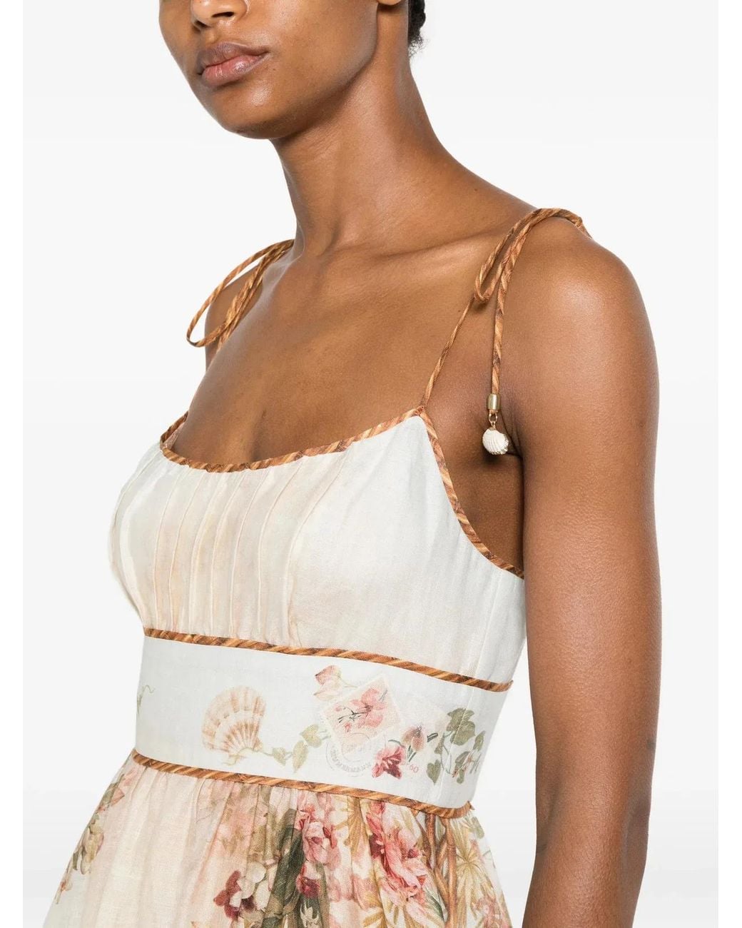 Zimmermann White Fitted Midi Dress With Knotted Straps And Gathered Skirt