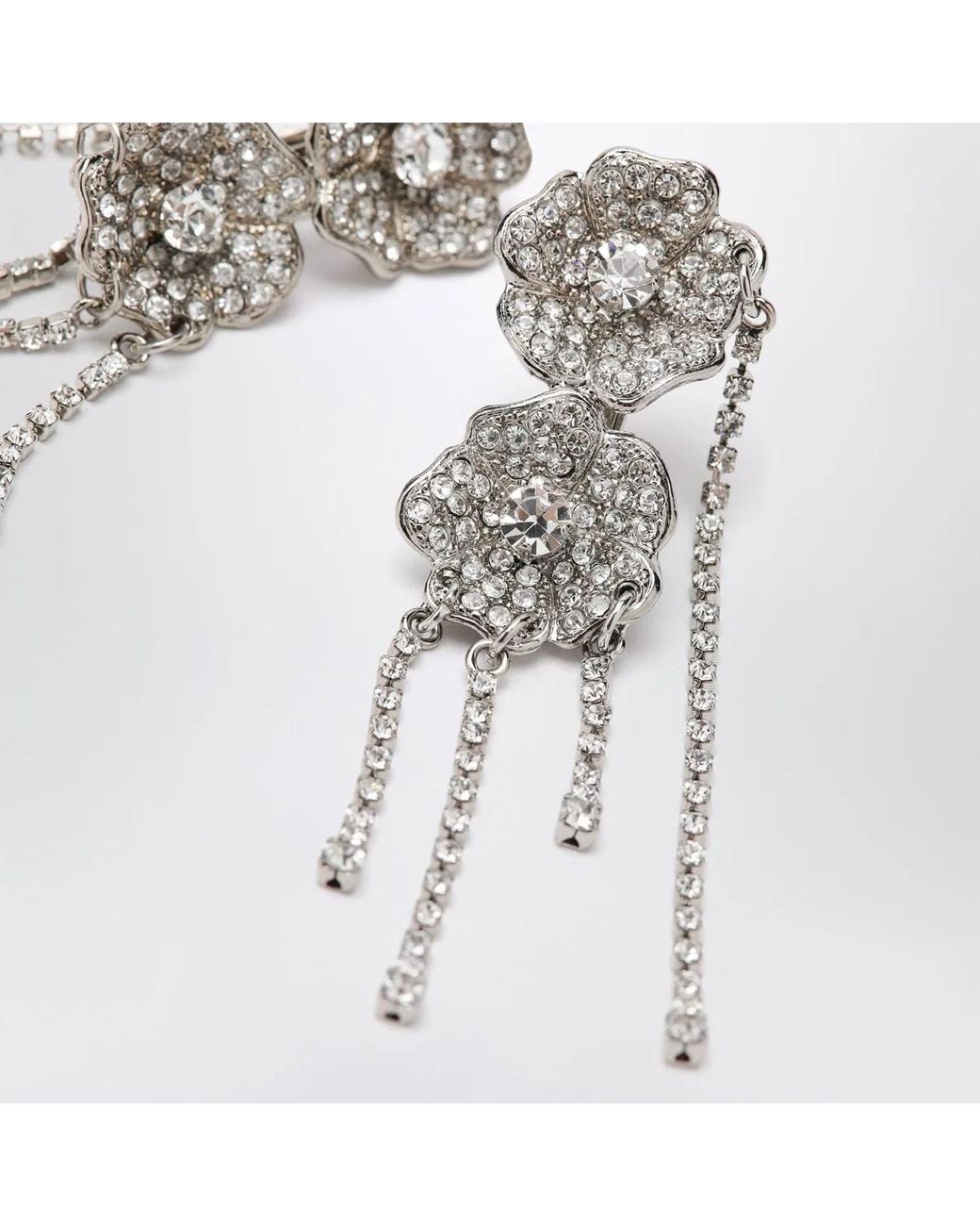 Alessandra Rich White Silvertone Clipon Earrings With Crystal Flowers