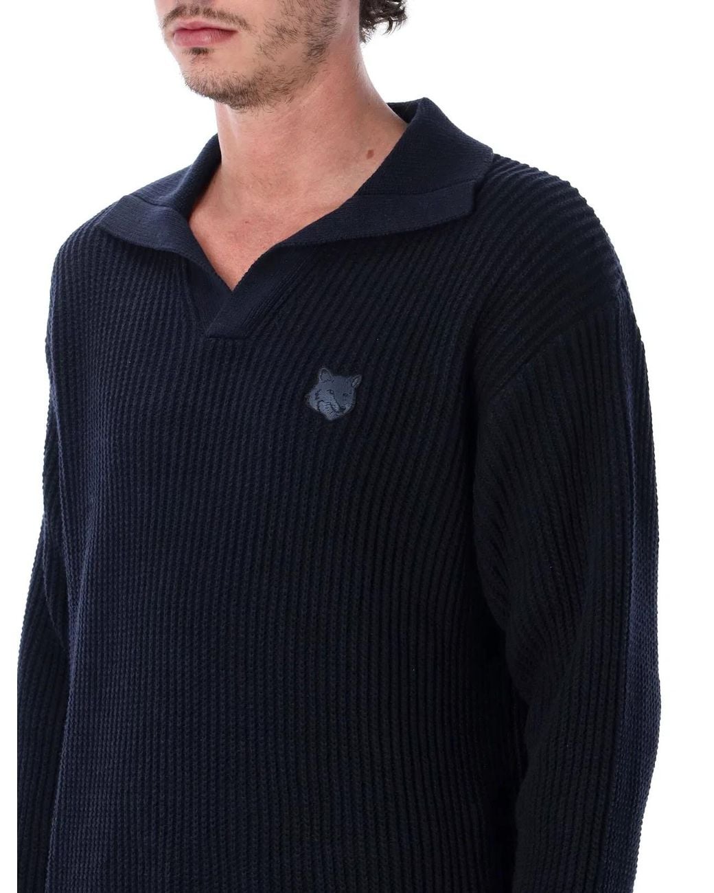 Maison Kitsuné Blue Maison Kitsuné Maison Kitsuné Fox Head Ribbed Polo Jumper for men