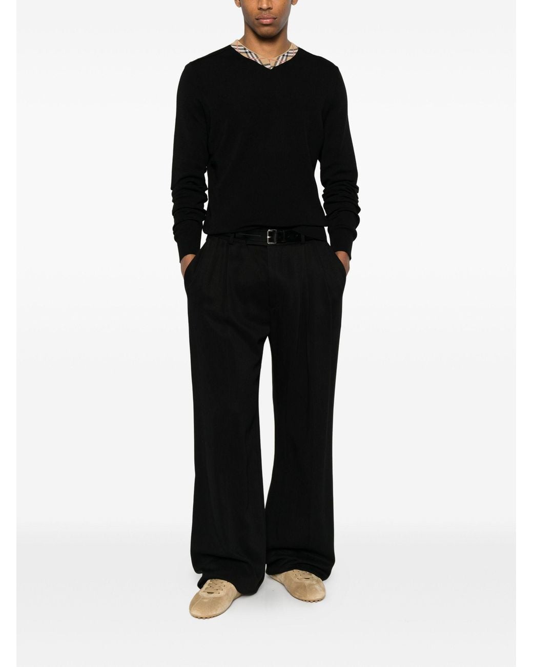 Burberry Black Check Trim Wool Sweater for men