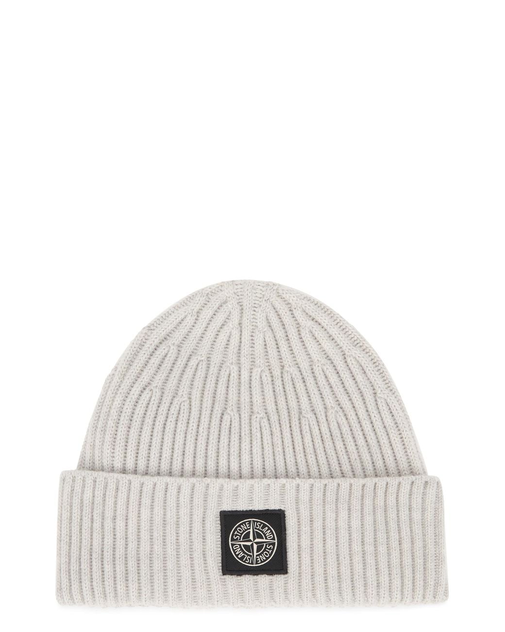 Stone Island White Ribbed Knit Hat With Logo for men