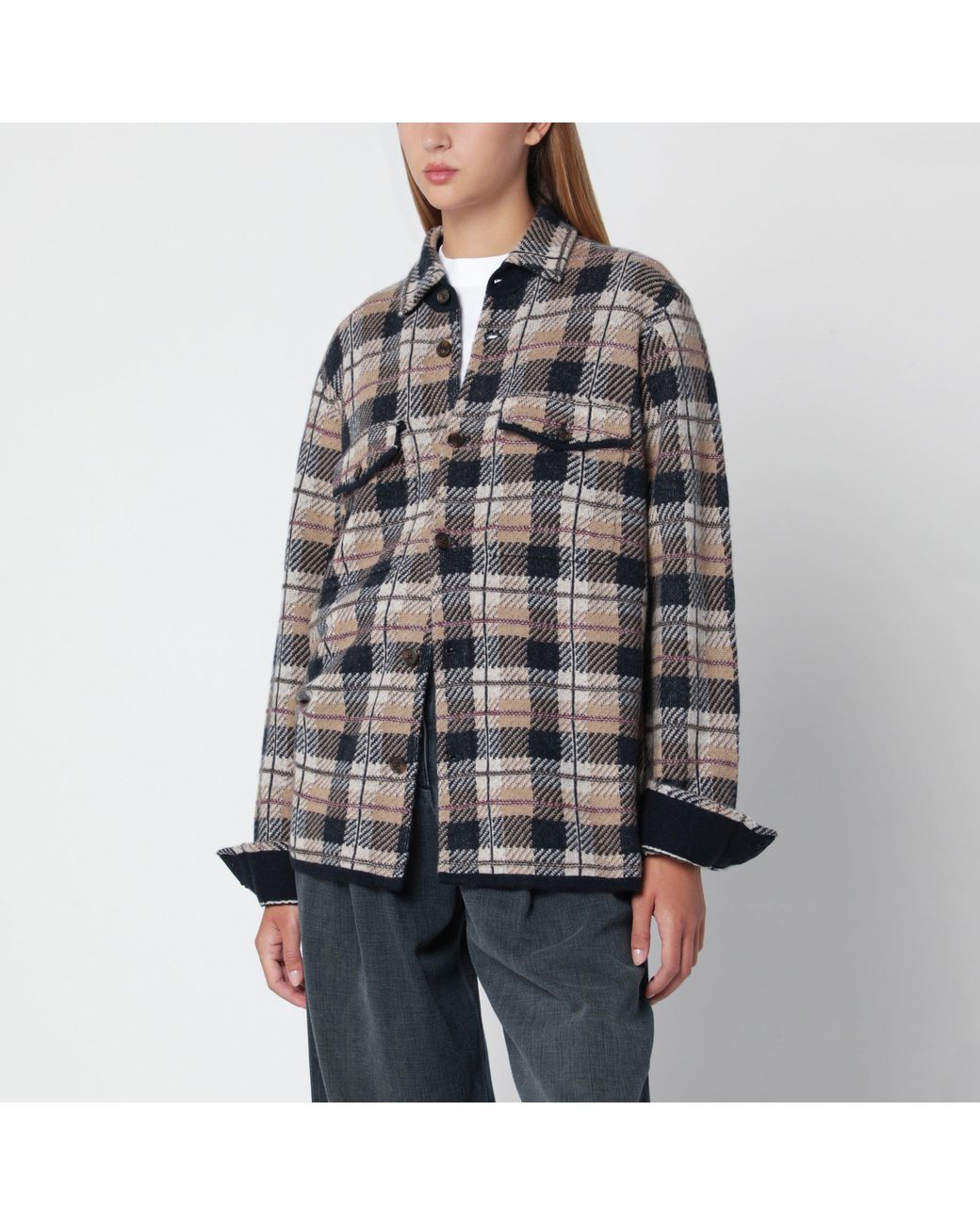 Guest In Residence Gray Camel-Colored Plaid Work Checkered Shirt