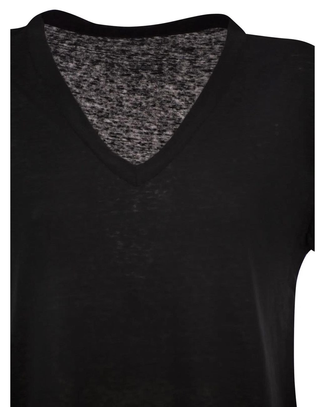 Majestic Black Stretch Linen T-Shirt With V-Neck