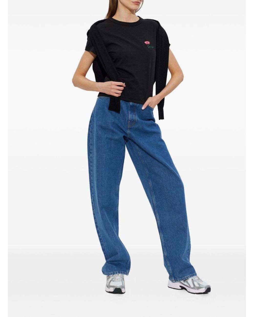 KENZO Black Small-Fit Embroidered Cotton T-Shirt With Tulip' Print