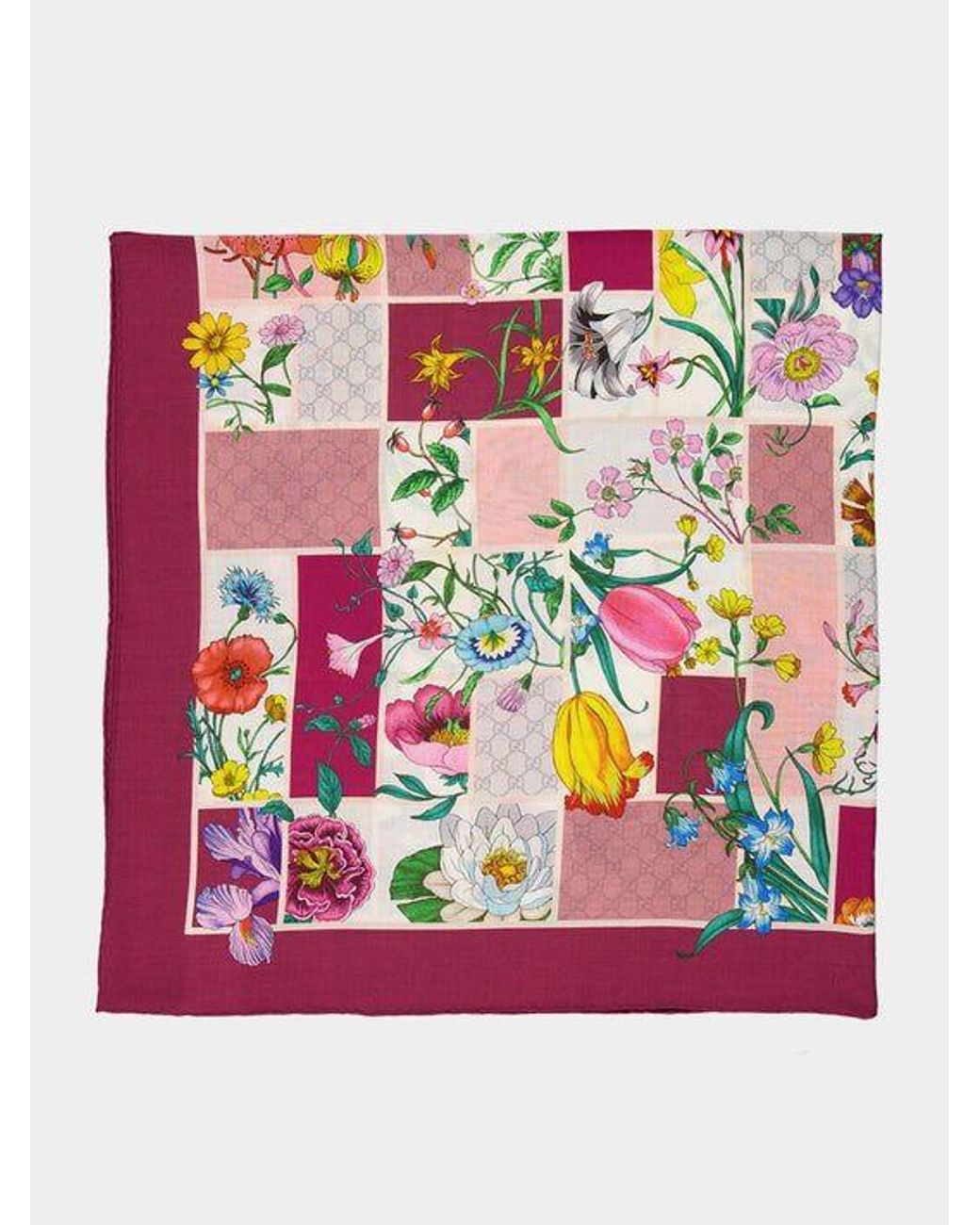 Gucci Pink Flora Blocks Silk Scarf
