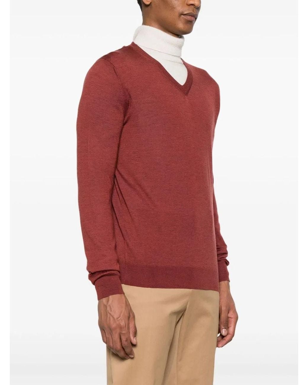 Colombo Red V Neck Cashmere-Silk Blend Sweater For for men