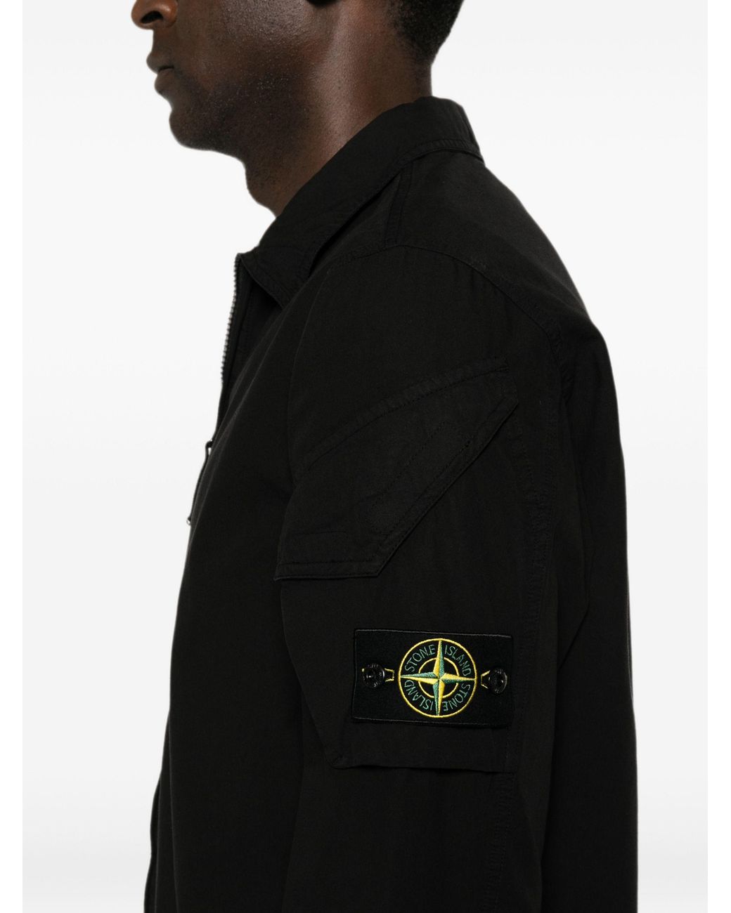 Stone Island Black Logo-Patch Zip-Up Shirt for men