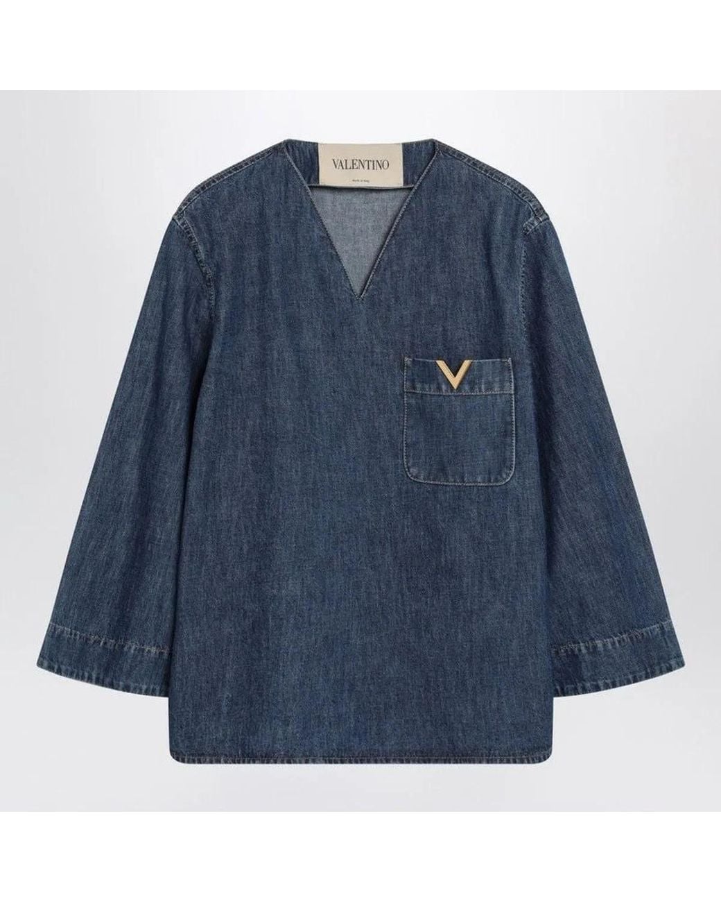 Valentino Garavani Blue V-Neck Logo-Plaque Blouse
