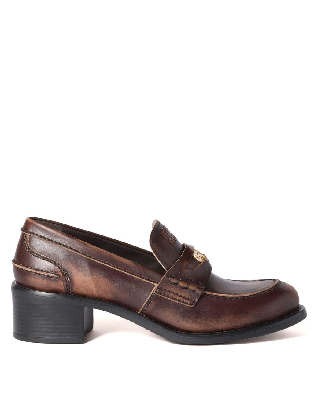 Miu Miu Brown Deco Mid-Heel Leather Loafers