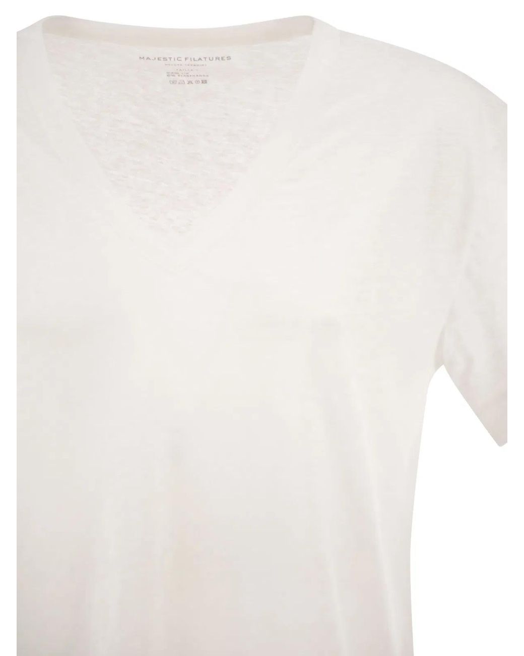 Majestic White Stretch Linen T-Shirt With V-Neck