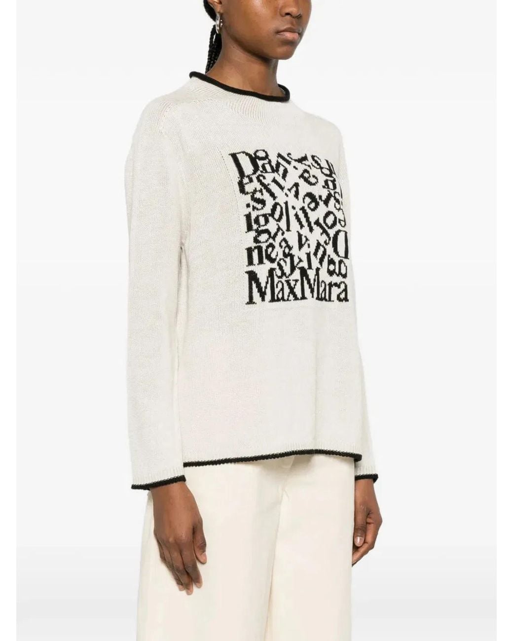 Max Mara White Embroidered Front Linen Sweater With Contrasting Trim
