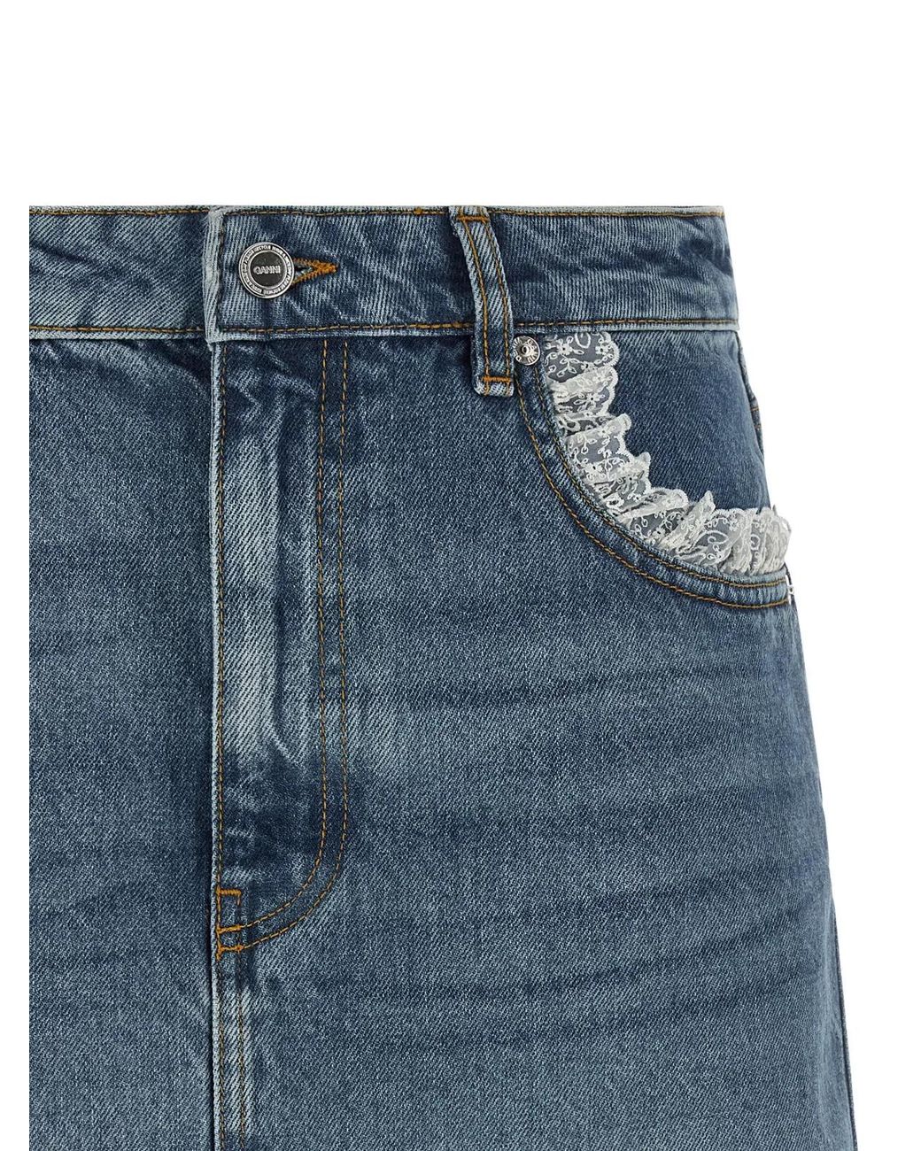 Ganni Blue Denim And Lace Skirt