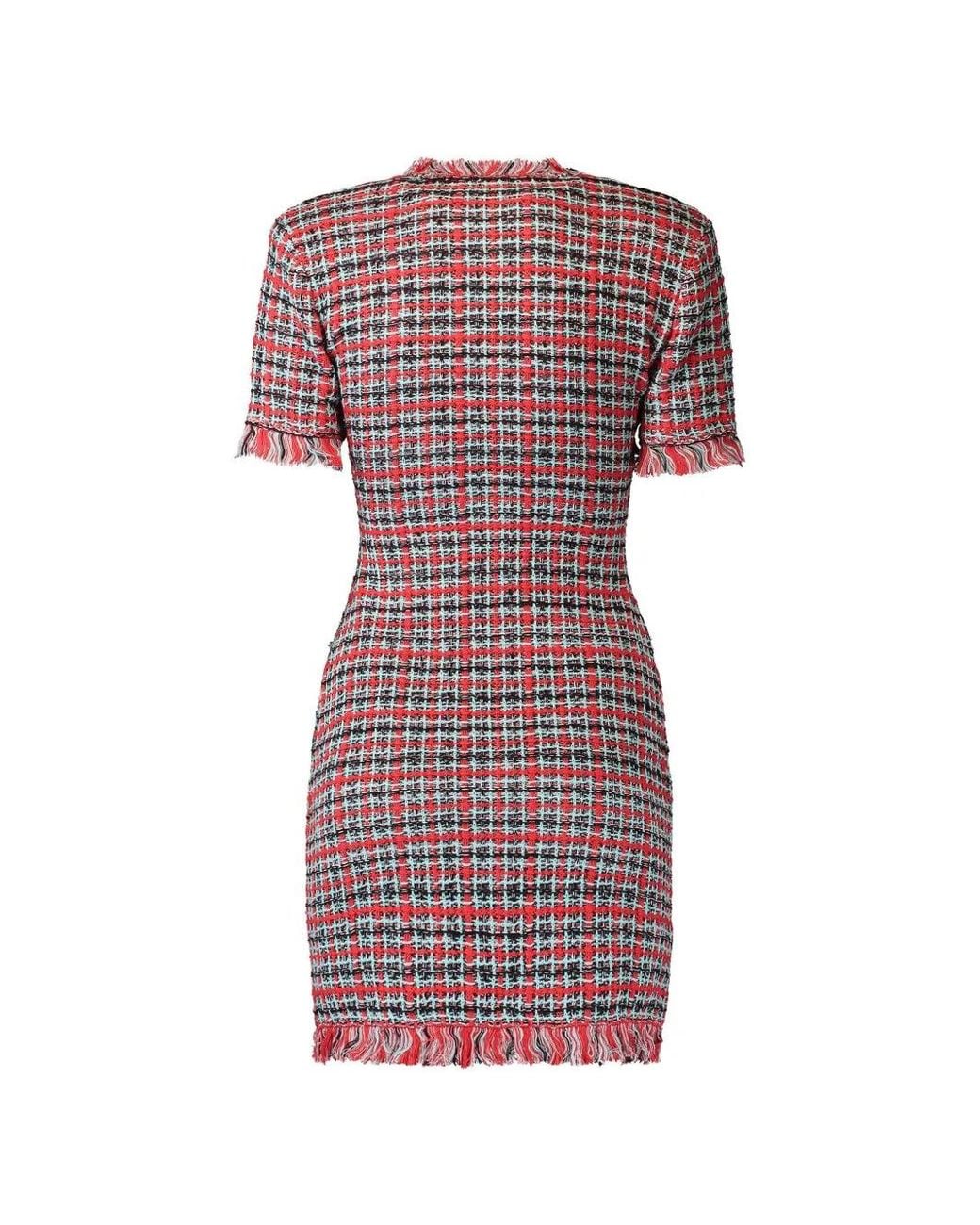 Self-Portrait Pink Check Frayed Knit Mini Dress