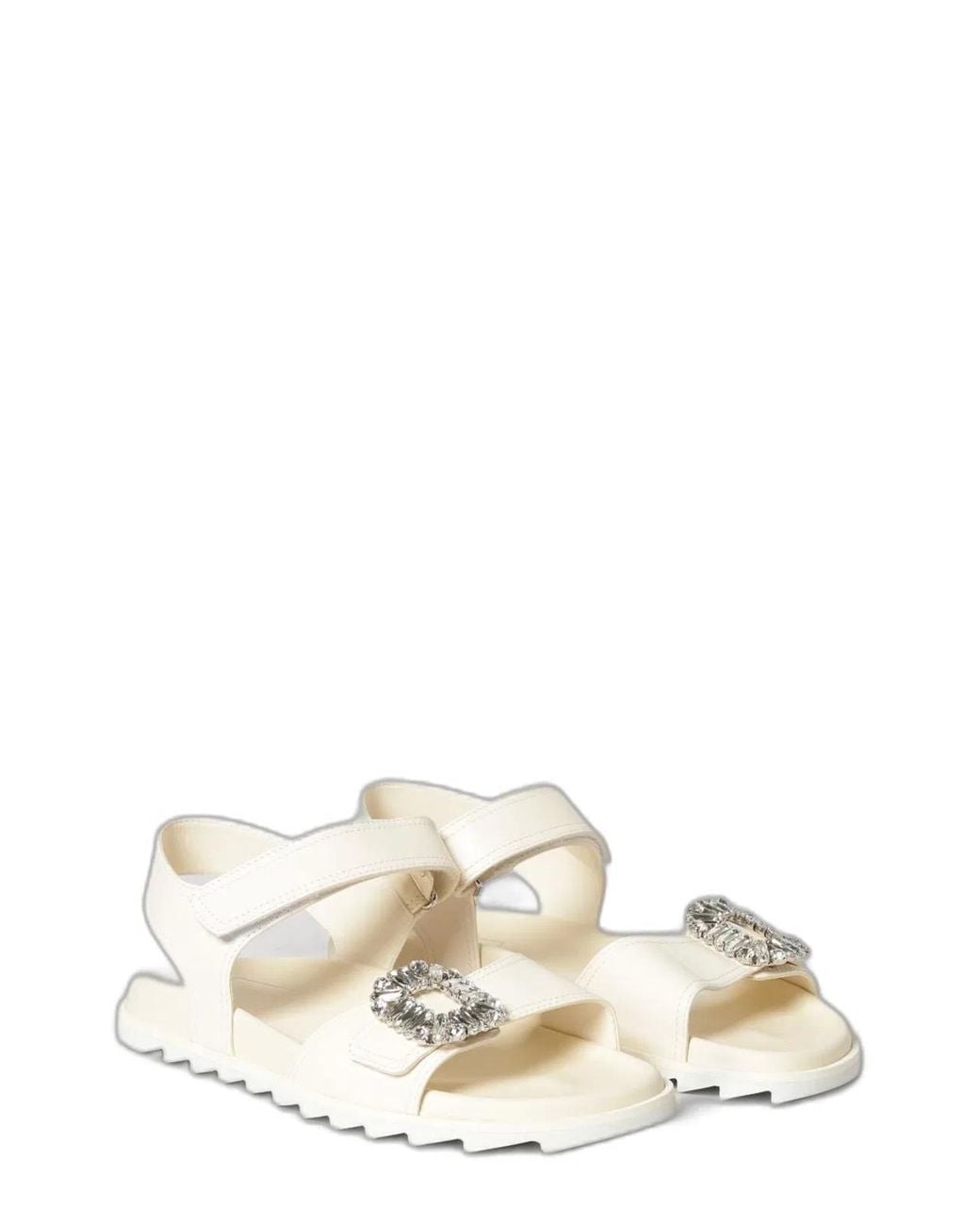 Roger Vivier White Ivory Leather Sandals With Crystal Buckle