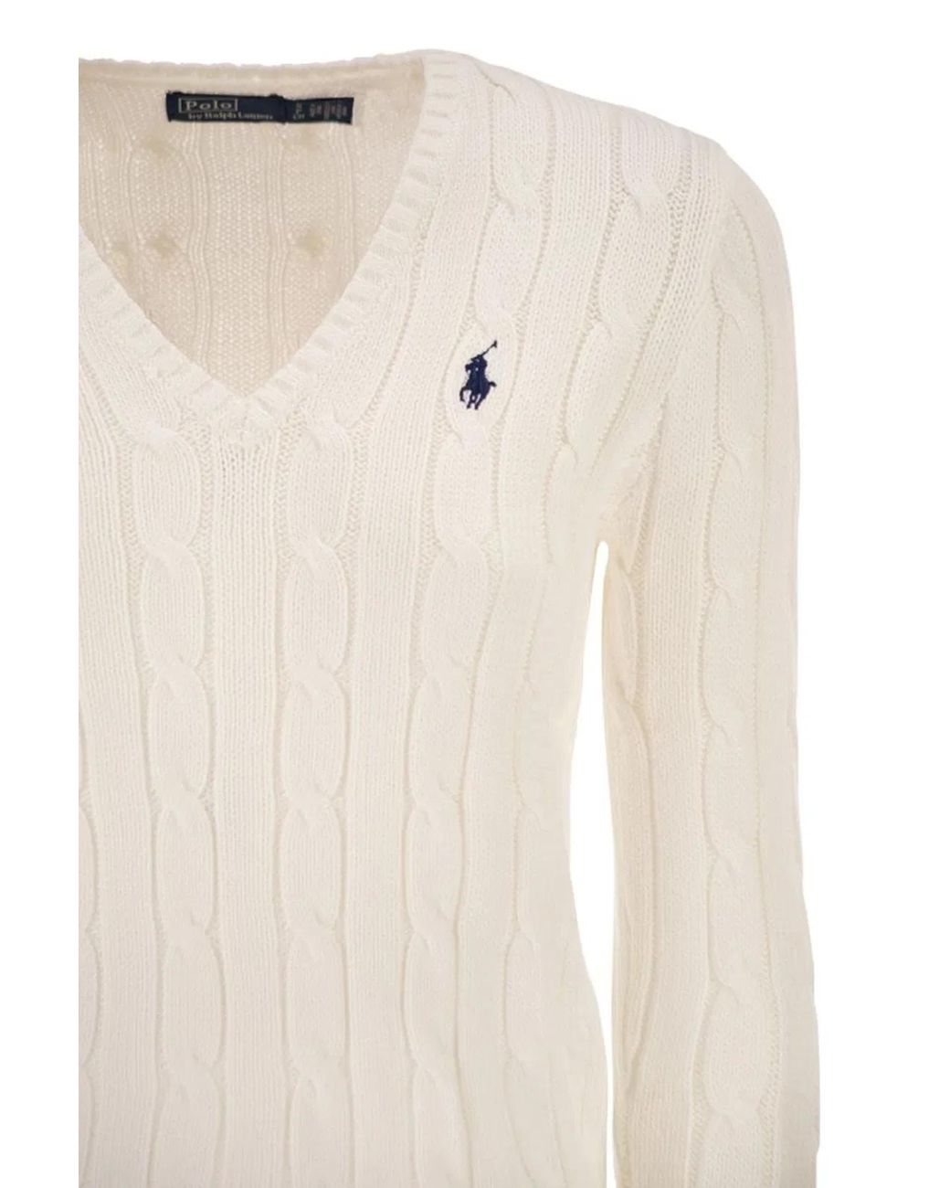 Polo Ralph Lauren White Cotton Cable Knit Jumper With V-Neck