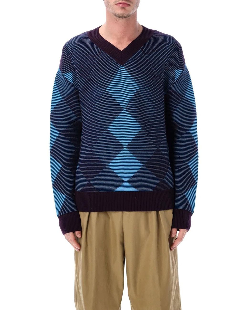 Dries Van Noten Blue Argyle Sweater for men
