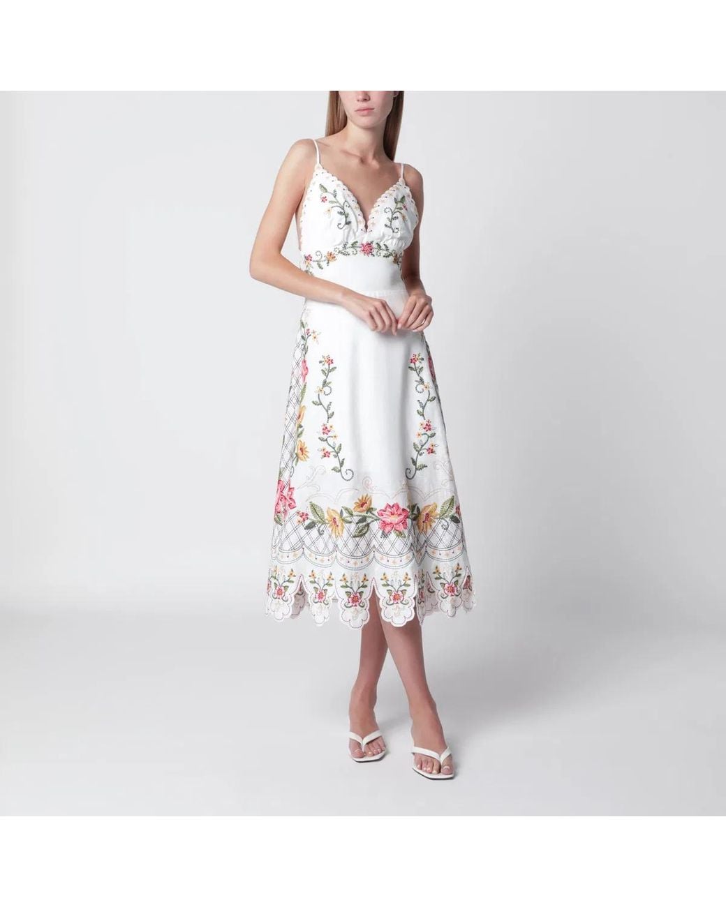 Farm Rio White Ivory Midi Dress With Floral Embroidery