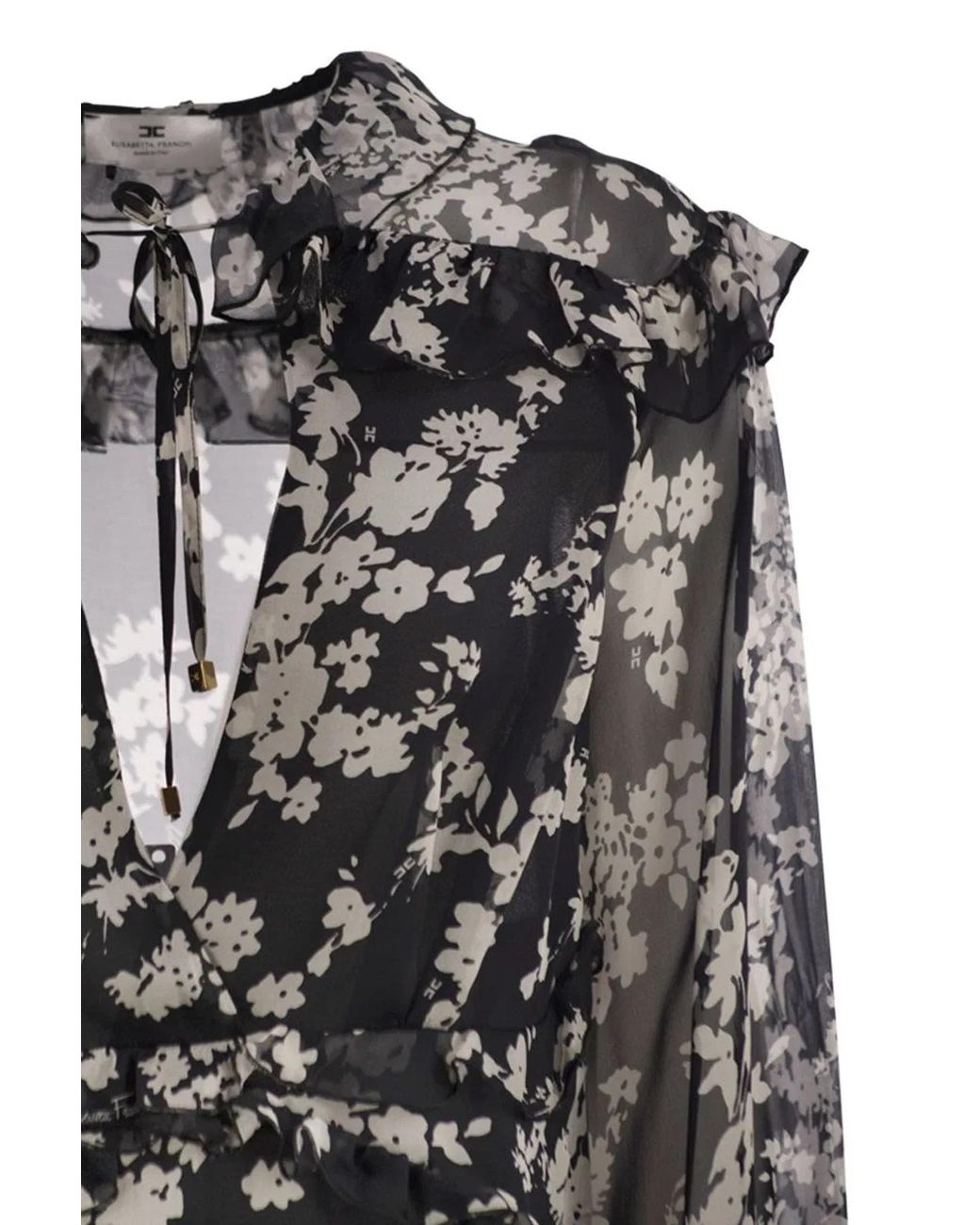 Elisabetta Franchi Black Printed Silk Voile Dress With Ruffles