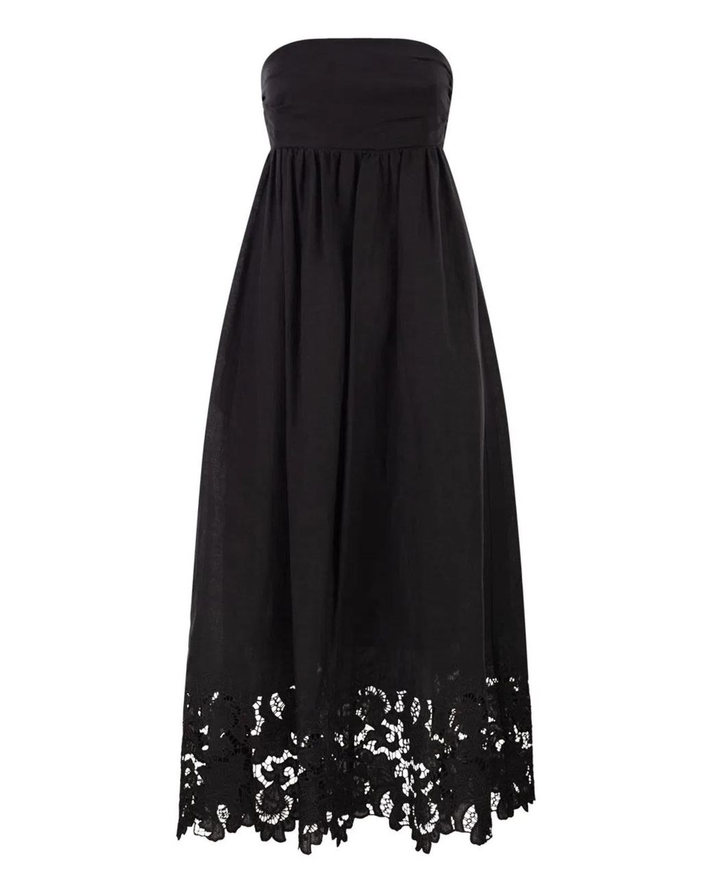 Max Mara Black Strapless Linen Dress With Embroidered Hem