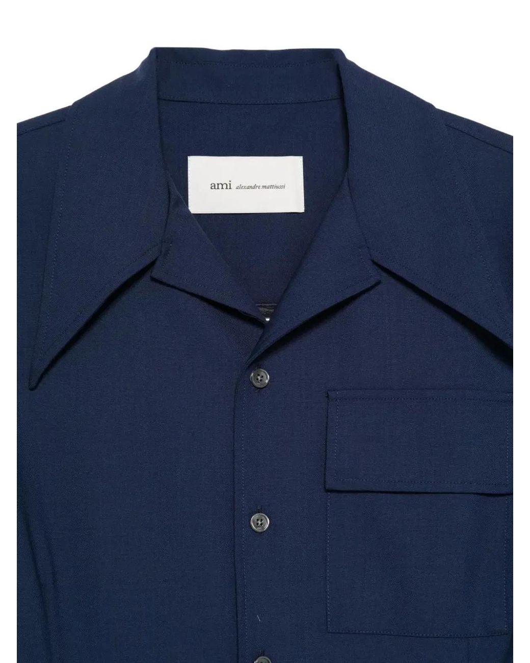 AMI Blue Long Sleeve Encre Wool Shirt Dress