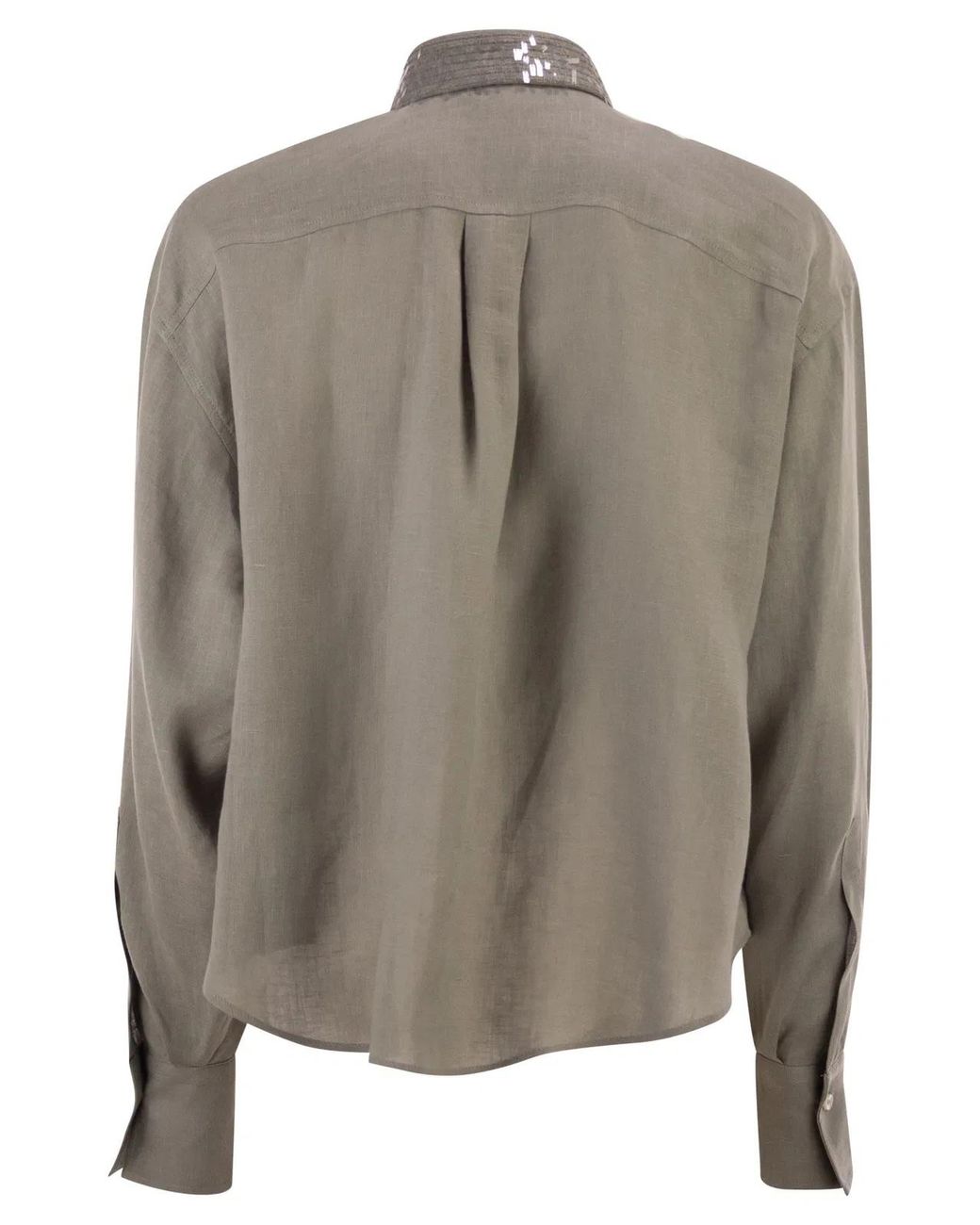 Brunello Cucinelli Green Linen Shirt With Sequin-Embroidered Collar