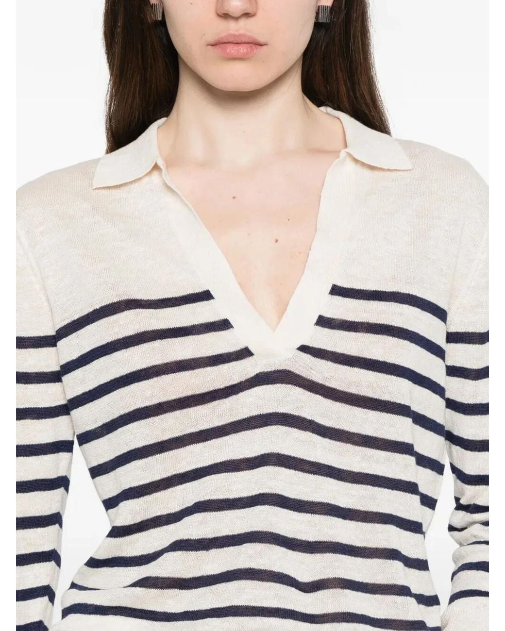 Majestic White Oversized Linen 100 Stripes Polo Shirt